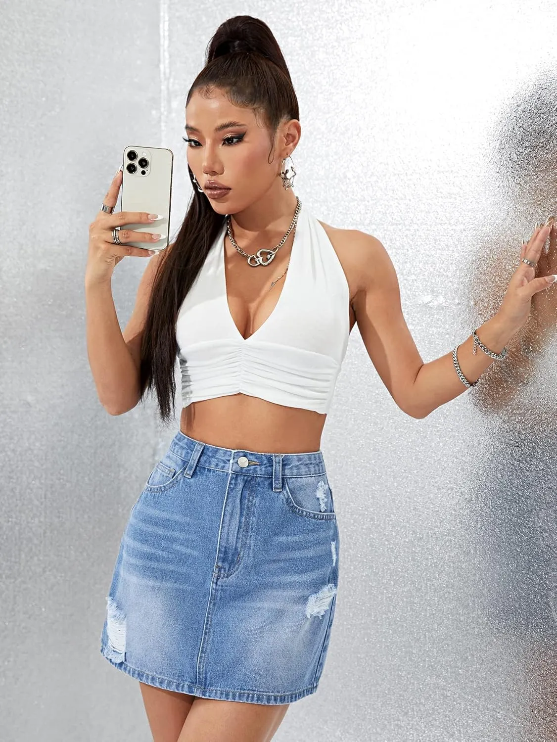 SweatyRocks Women's Casual Ripped Jean Skirt High Waist Raw Hem Mini Denim Skirts