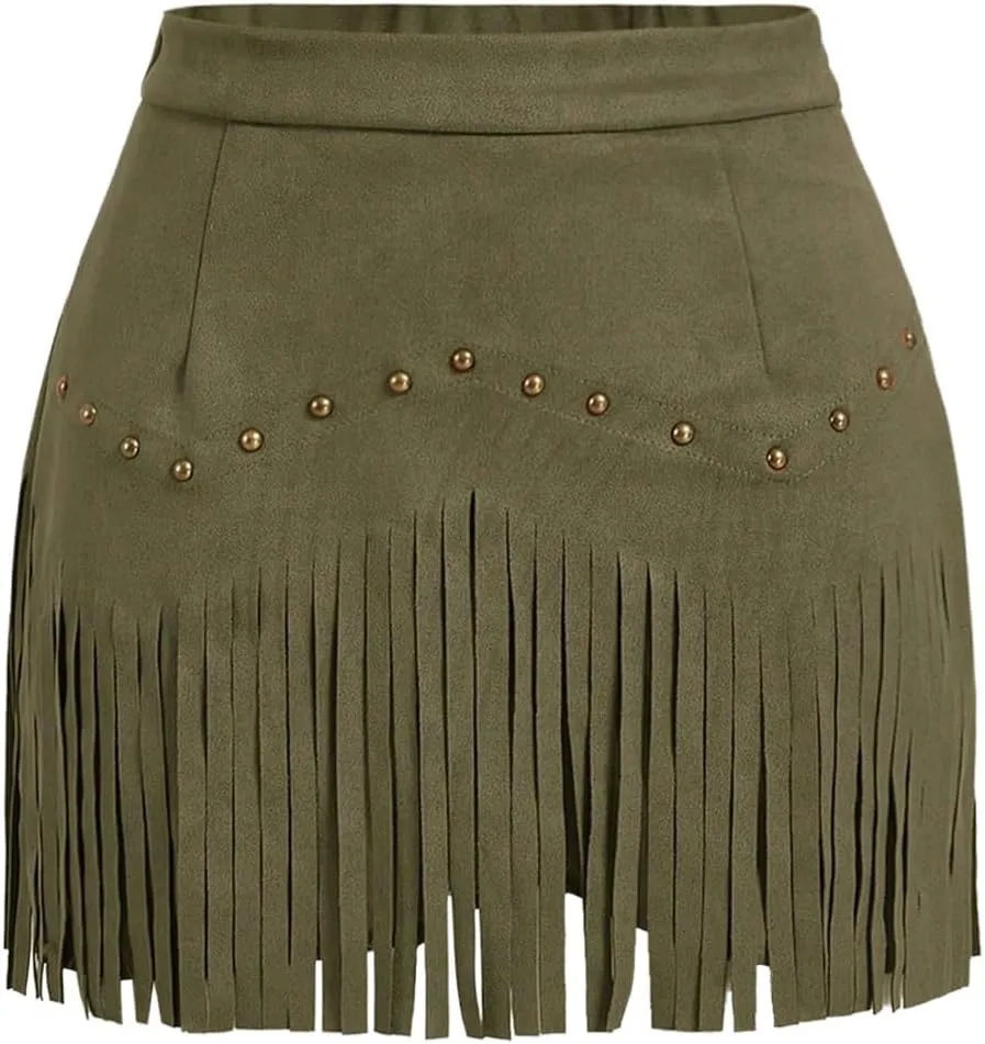 SweatyRocks Women's Faux Suede Fringe Skirt High Waisted Tassel Mini Cowgirl Skirts
