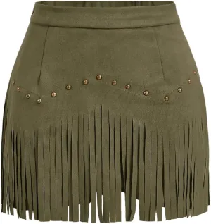 SweatyRocks Women's Faux Suede Fringe Skirt High Waisted Tassel Mini Cowgirl Skirts