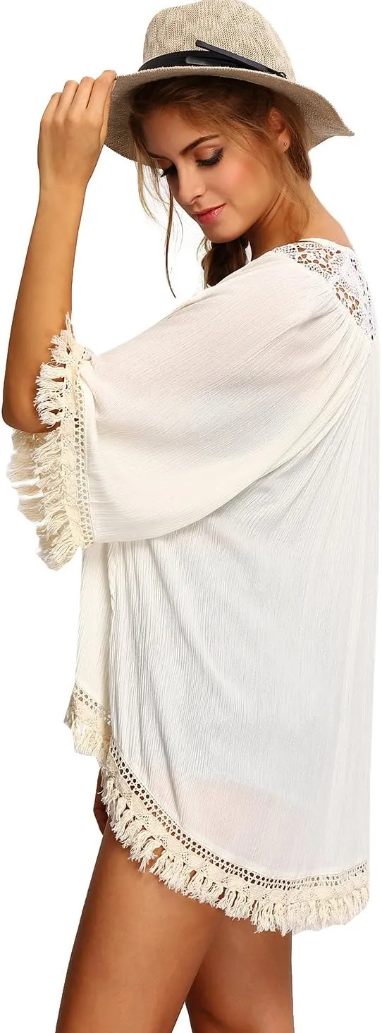 SweatyRocks Women's Tassel Kimono Fringe Cardigan Beachwear Cover up