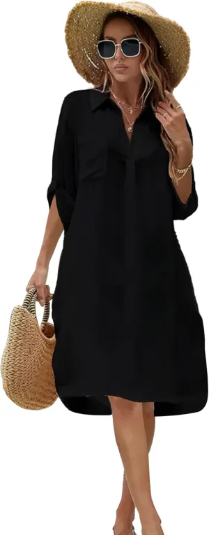 Swimsuit Coverup for Women V Neck Shirt Dress Bathing Suit Beach Cover Up 3/4 Sleeve Chiffon Cover Up S-XXL