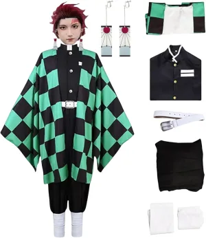 Tanjiro Cosplay Adult Anime Tanjiro Kimono Halloween Cosplay Cloak Kimono Outfit With Earring Wig (green, XL)