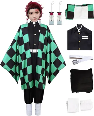 Tanjiro Cosplay Adult Anime Tanjiro Kimono Halloween Cosplay Cloak Kimono Outfit With Earring Wig