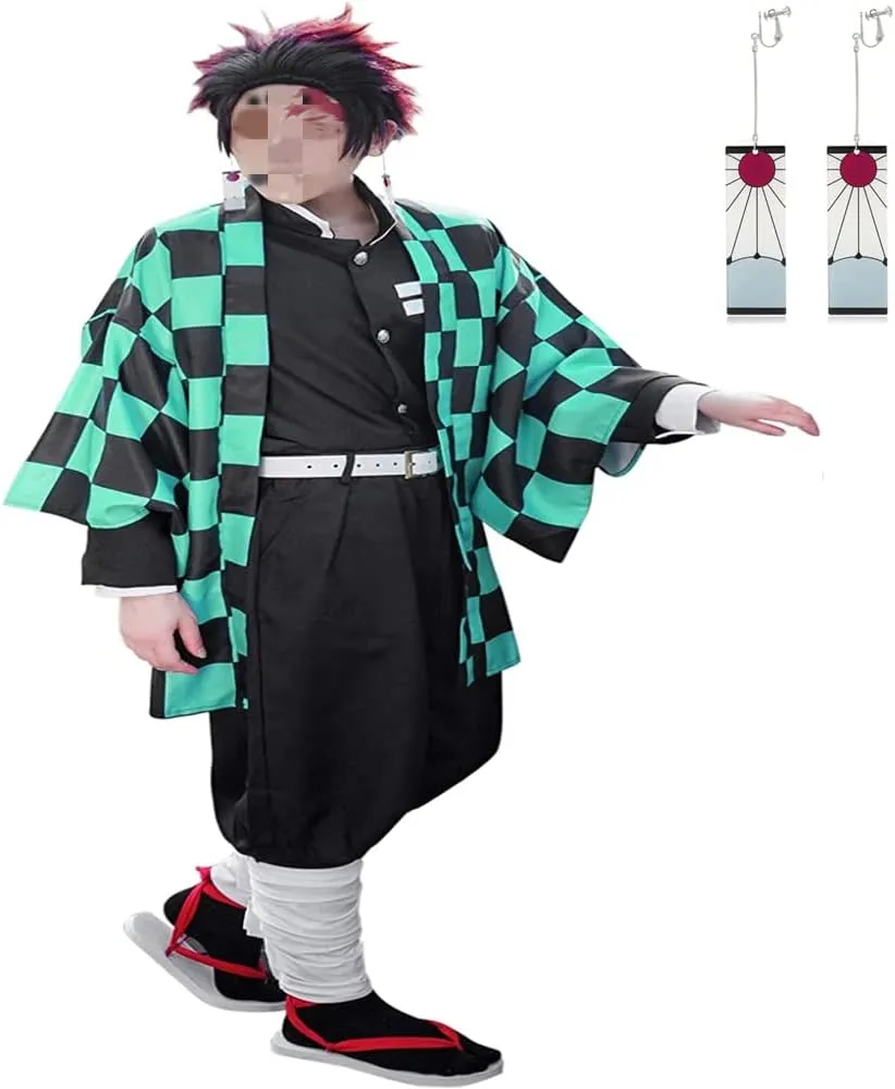 Tanjiro Cosplay Adult Anime Tanjiro Kimono Halloween Cosplay Cloak Kimono Outfit With Earring Wig