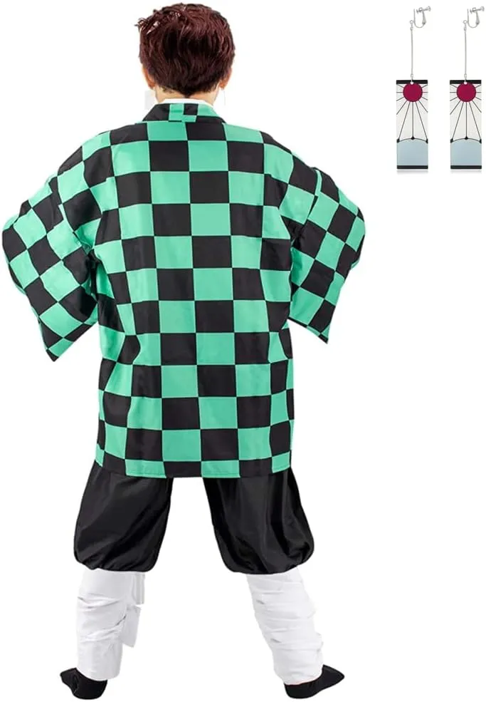 Tanjiro Cosplay Adult Anime Tanjiro Kimono Halloween Cosplay Cloak Kimono Outfit With Earring Wig