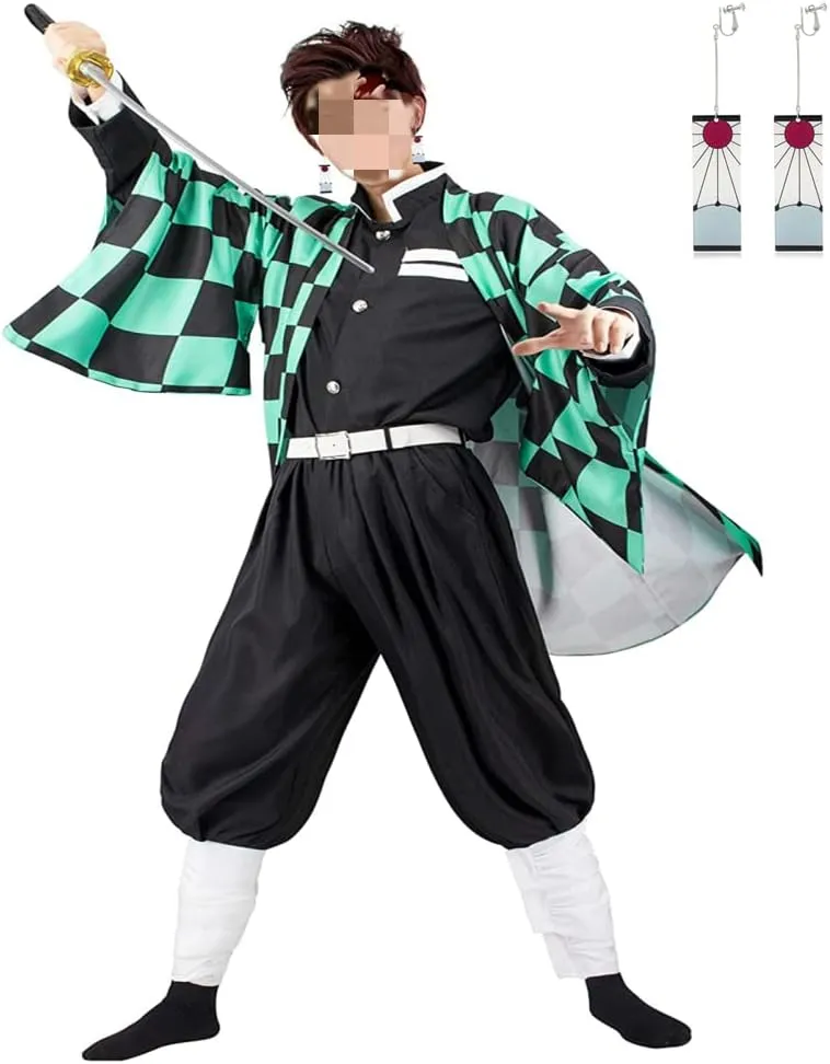 Tanjiro Cosplay Adult Anime Tanjiro Kimono Halloween Cosplay Cloak Kimono Outfit With Earring Wig