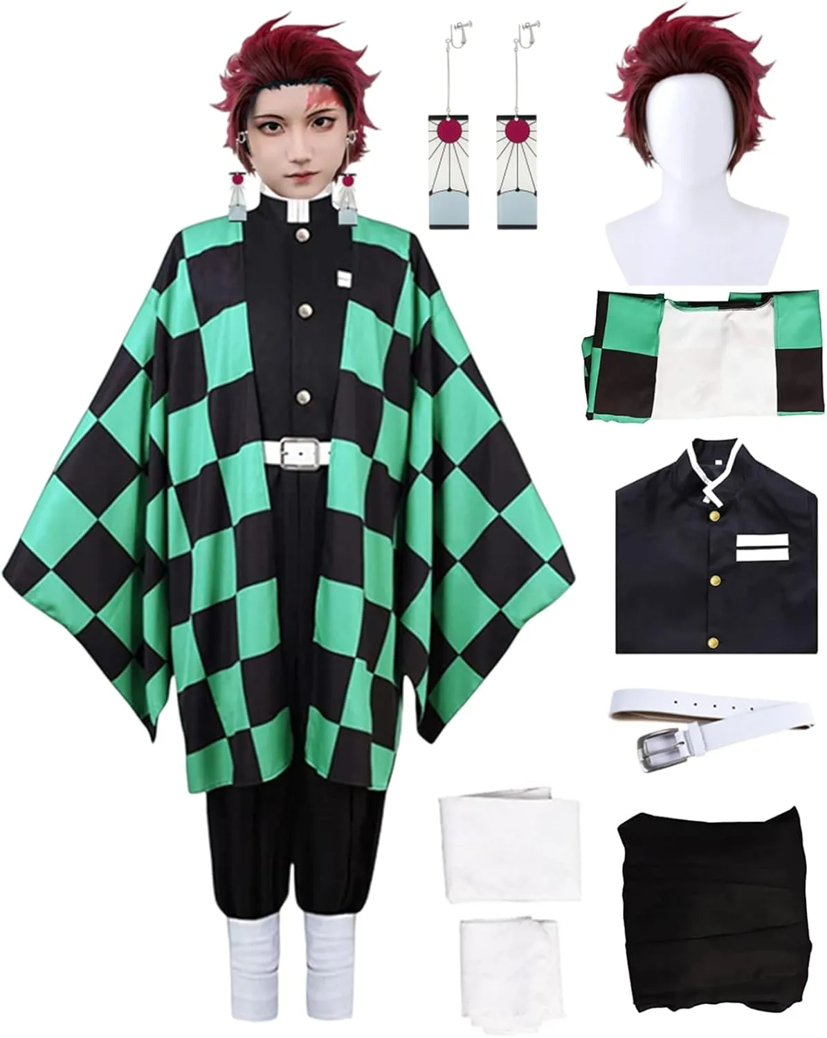 Tanjiro Cosplay Costumes Anime Kimono Halloween Cosplay Cloak Kimono Outfit With Earring