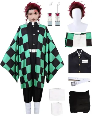 Tanjiro Cosplay Costumes Anime Kimono Halloween Cosplay Cloak Kimono Outfit With Earring