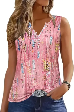 Tank Tops for Women 2025 Summer Top Pleated Shirts Dressy Casual Loose Fit V-Neck Button Down Sleeveless Tshirt Blouse