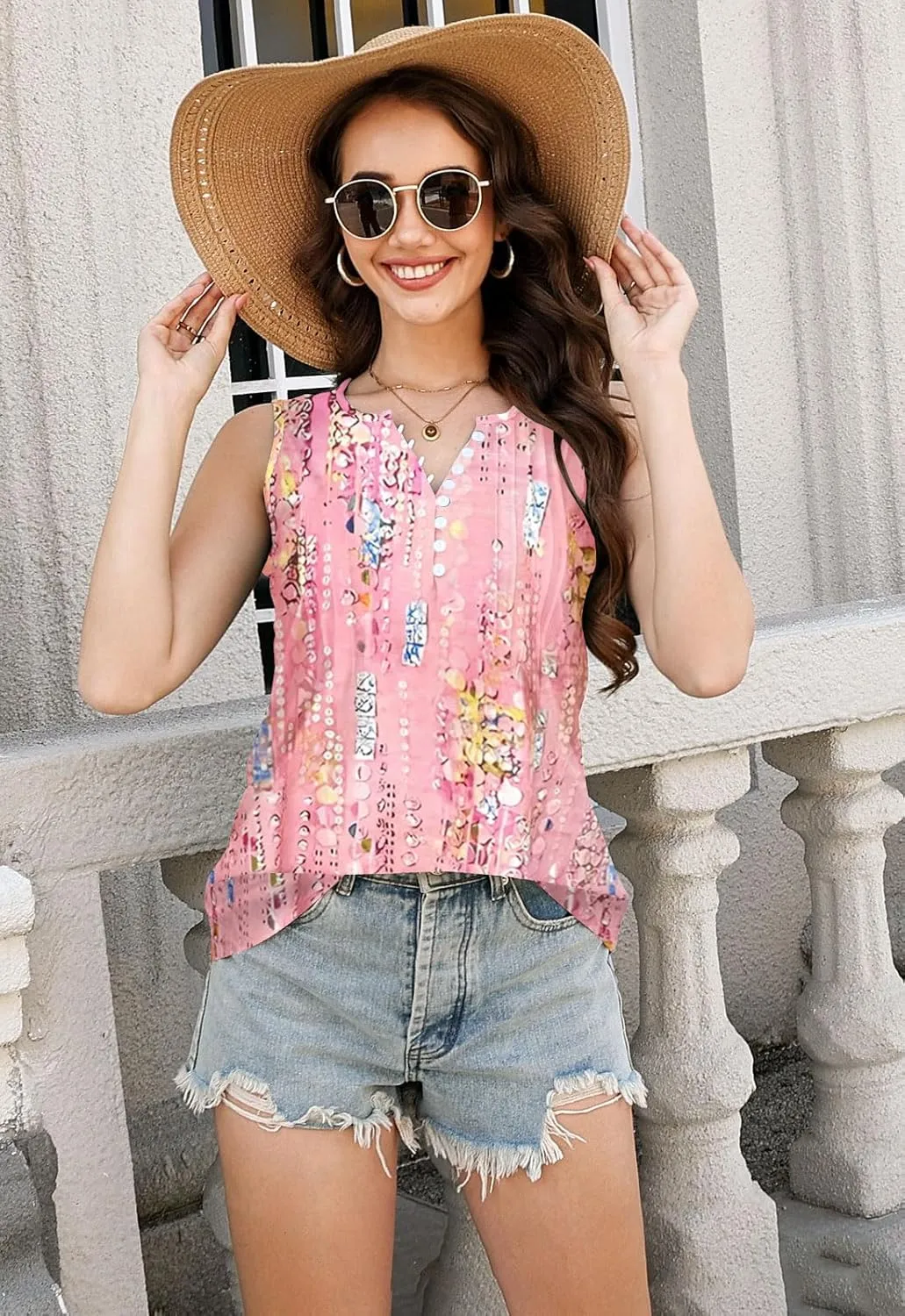 Tank Tops for Women 2025 Summer Top Pleated Shirts Dressy Casual Loose Fit V-Neck Button Down Sleeveless Tshirt Blouse