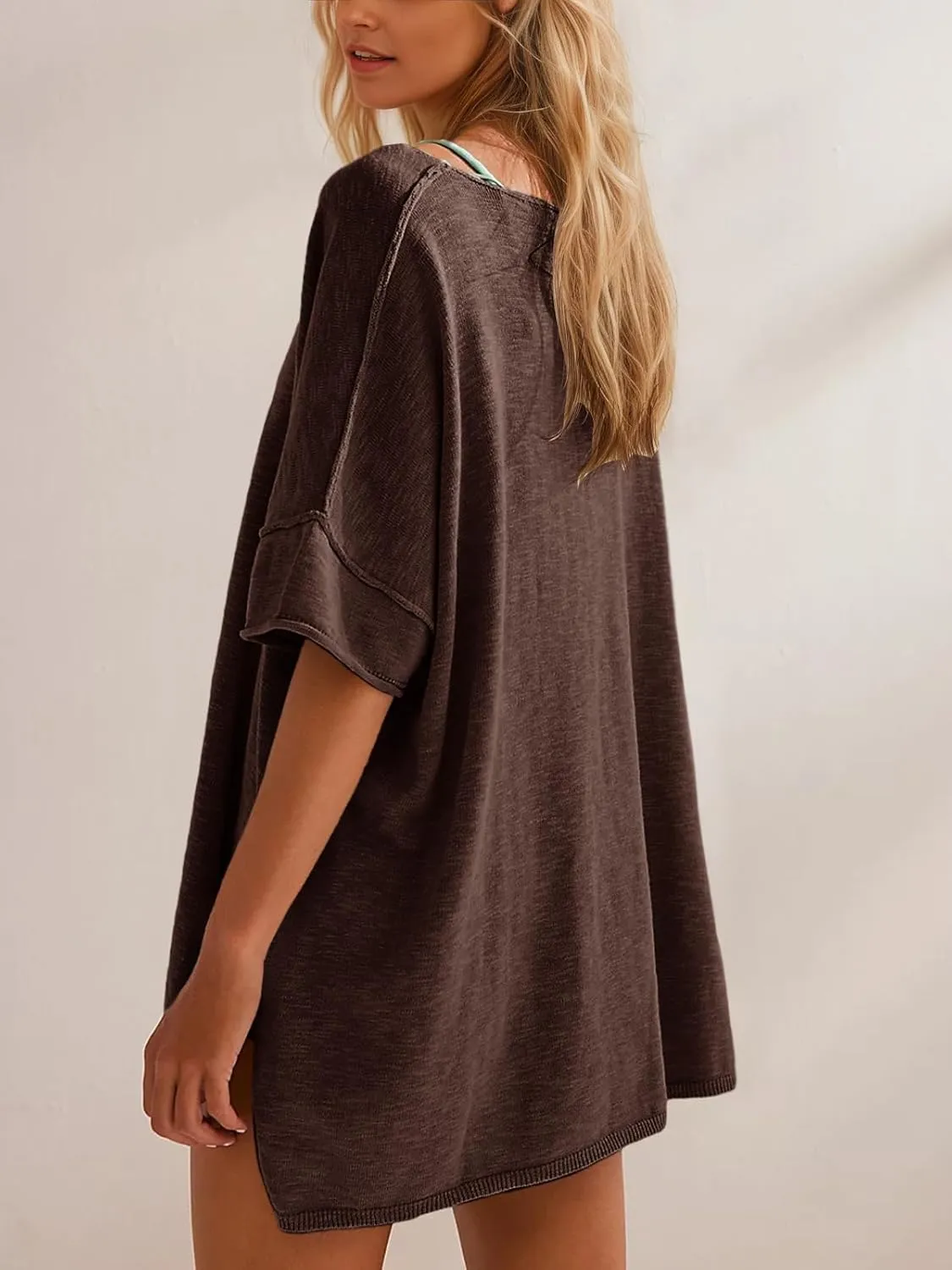Tankaneo Women's Oversized T Shirts Casual Summer Crew Neck Loose Dropped Short Sleeve Side Slit Hem Blouse Tunic Tops