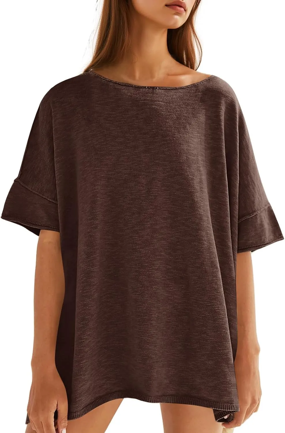 Tankaneo Women's Oversized T Shirts Casual Summer Crew Neck Loose Dropped Short Sleeve Side Slit Hem Blouse Tunic Tops