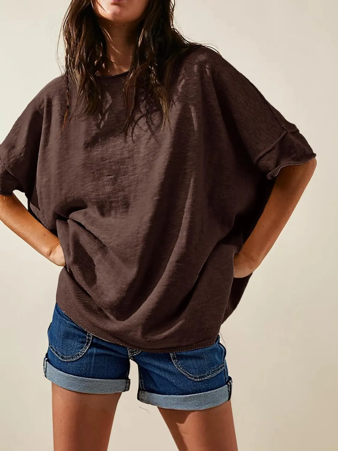 Tankaneo Women's Oversized T Shirts Casual Summer Crew Neck Loose Dropped Short Sleeve Side Slit Hem Blouse Tunic Tops
