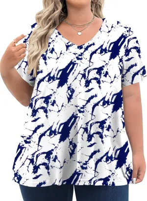 Tencede Womens Plus Size Tops Short Sleeve Tunic Shirts V Neck Summer Floral Loose Fit Blouse XL-5X