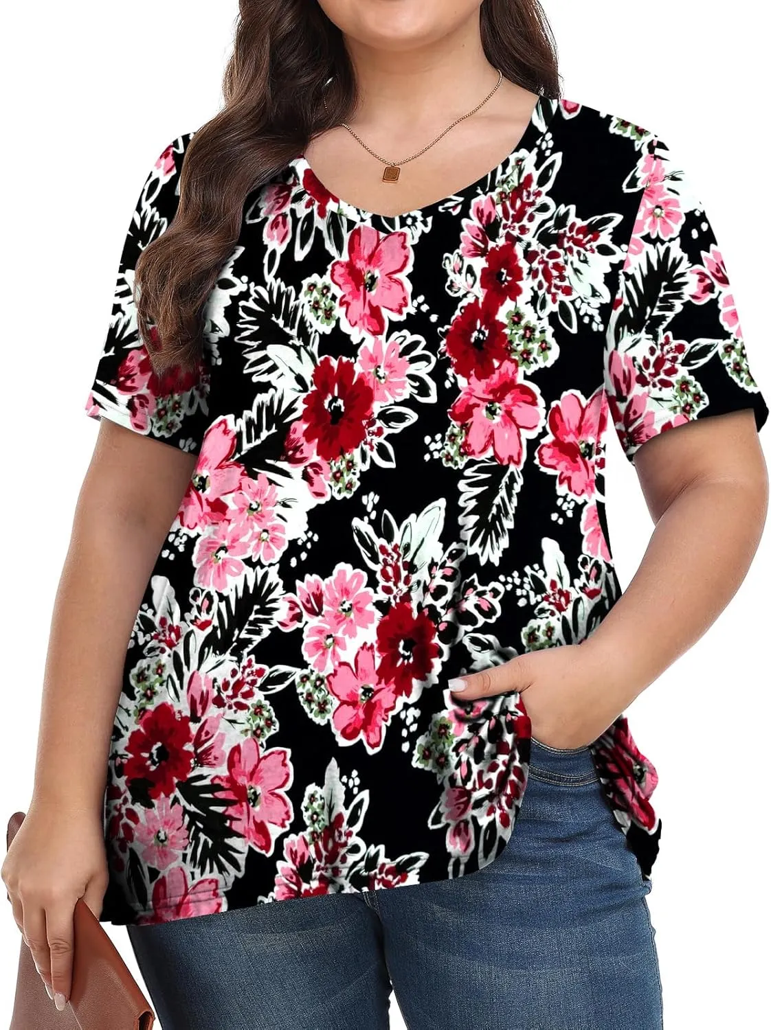 Tencede Womens Plus Size Tops Short Sleeve Tunic Shirts V Neck Summer Floral Loose Fit Blouse XL-5X