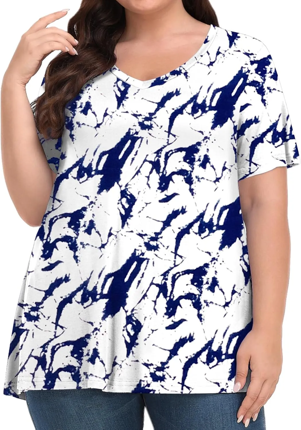 Tencede Womens Plus Size Tops Short Sleeve Tunic Shirts V Neck Summer Floral Loose Fit Blouse XL-5X