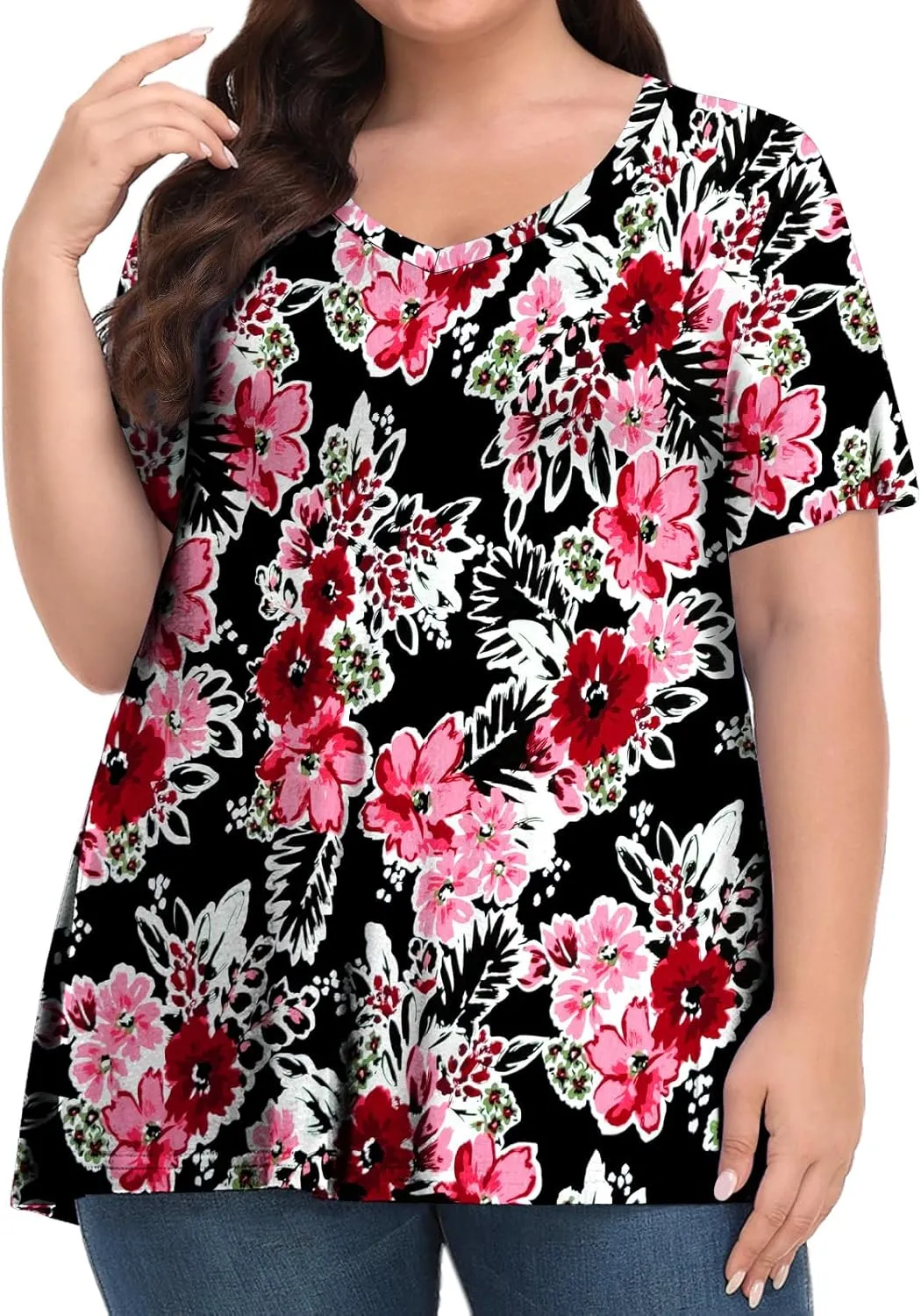 Tencede Womens Plus Size Tops Short Sleeve Tunic Shirts V Neck Summer Floral Loose Fit Blouse XL-5X