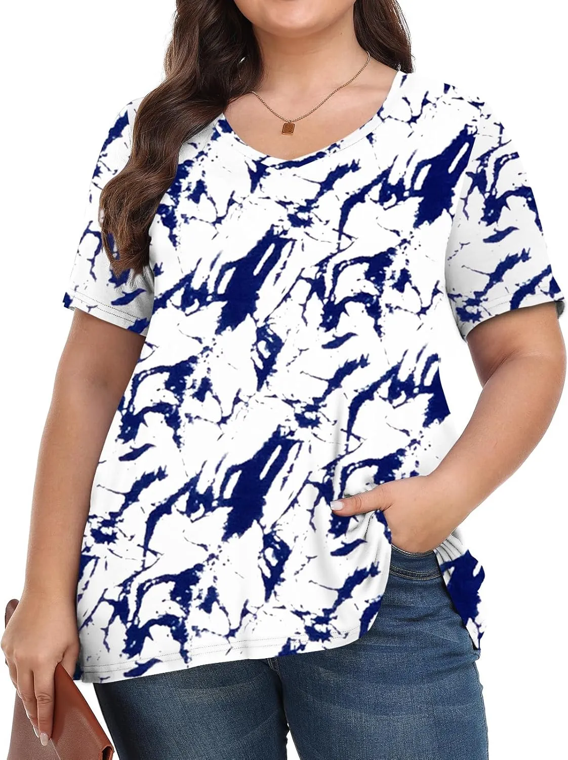 Tencede Womens Plus Size Tops Short Sleeve Tunic Shirts V Neck Summer Floral Loose Fit Blouse XL-5X