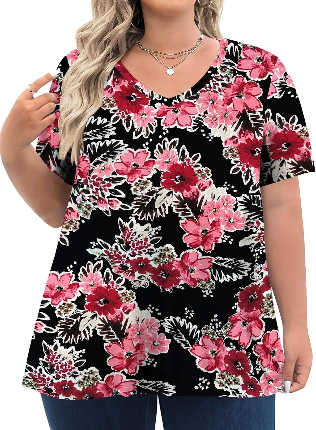 Tencede Womens Plus Size Tops Short Sleeve Tunic Shirts V Neck Summer Floral Loose Fit Blouse XL-5X