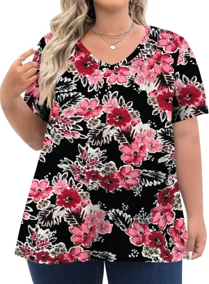Tencede Womens Plus Size Tops Short Sleeve Tunic Shirts V Neck Summer Floral Loose Fit Blouse XL-5X