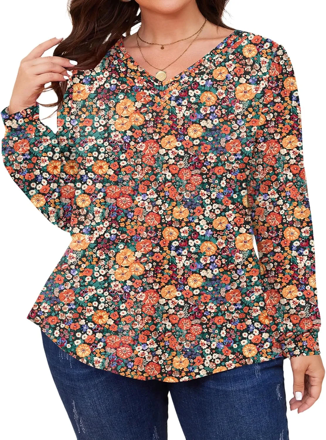 TFSDOD Plus Size Tops for Women Long Sleeve V Neck Shirts Dressy Casual Blouse Loose Fit Basic Tee Tshirt(1X-5X)