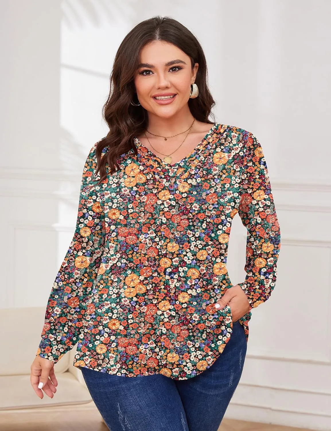 TFSDOD Plus Size Tops for Women Long Sleeve V Neck Shirts Dressy Casual Blouse Loose Fit Basic Tee Tshirt(1X-5X)