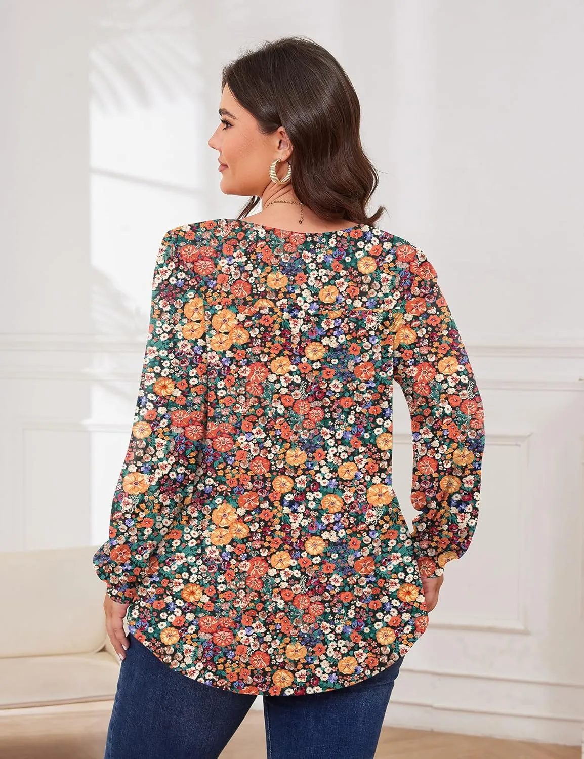 TFSDOD Plus Size Tops for Women Long Sleeve V Neck Shirts Dressy Casual Blouse Loose Fit Basic Tee Tshirt(1X-5X)