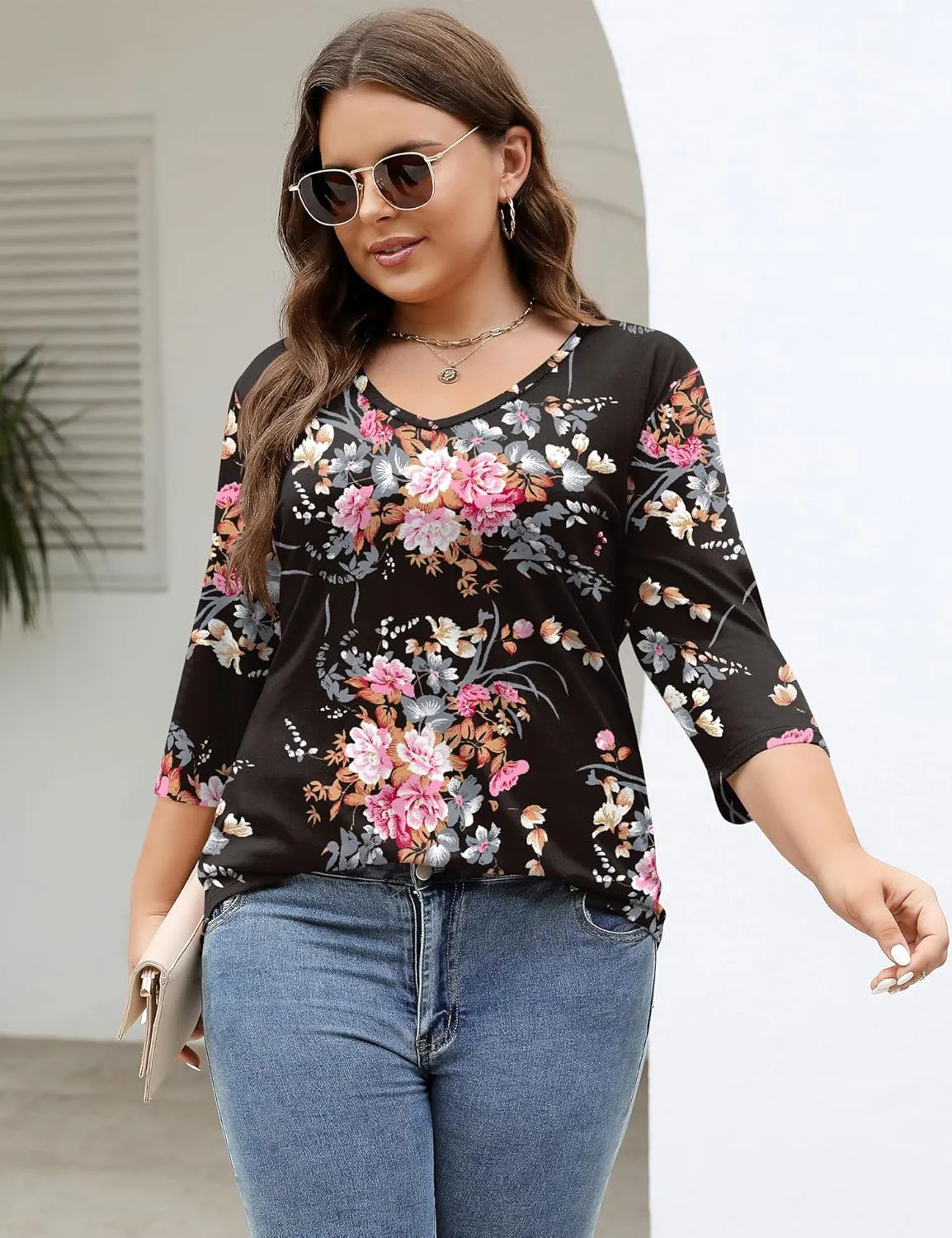 TFSDOD Womens Plus Size Tops V Neck T Shirts 3/4 Sleeve Blouse Summer Casual Tees XL-5X