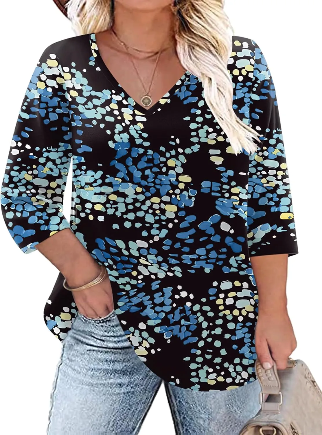 TFSDOD Womens Plus Size Tops V Neck T Shirts 3/4 Sleeve Blouse Summer Casual Tees XL-5X