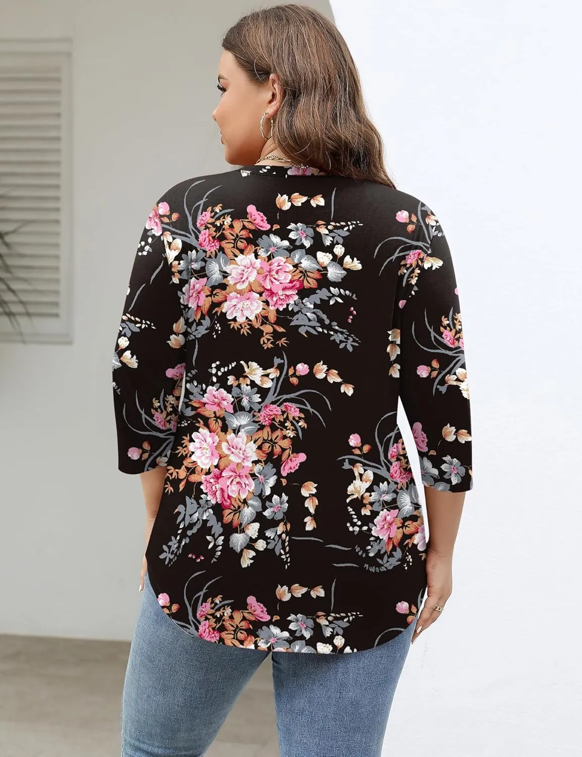 TFSDOD Womens Plus Size Tops V Neck T Shirts 3/4 Sleeve Blouse Summer Casual Tees XL-5X