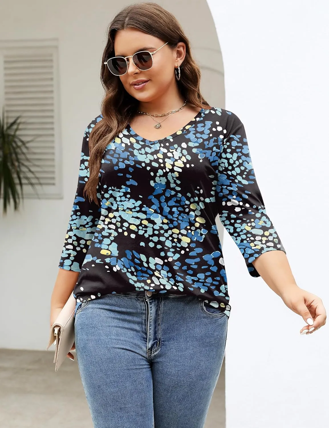 TFSDOD Womens Plus Size Tops V Neck T Shirts 3/4 Sleeve Blouse Summer Casual Tees XL-5X