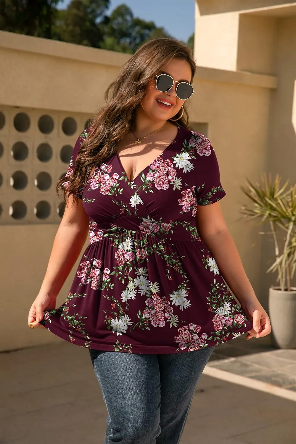TIANZHU Women's Plus Size Dressy Tops Wrap Shirt Short Sleeve Tunic Top V Neck Low Cut Cute Blouse