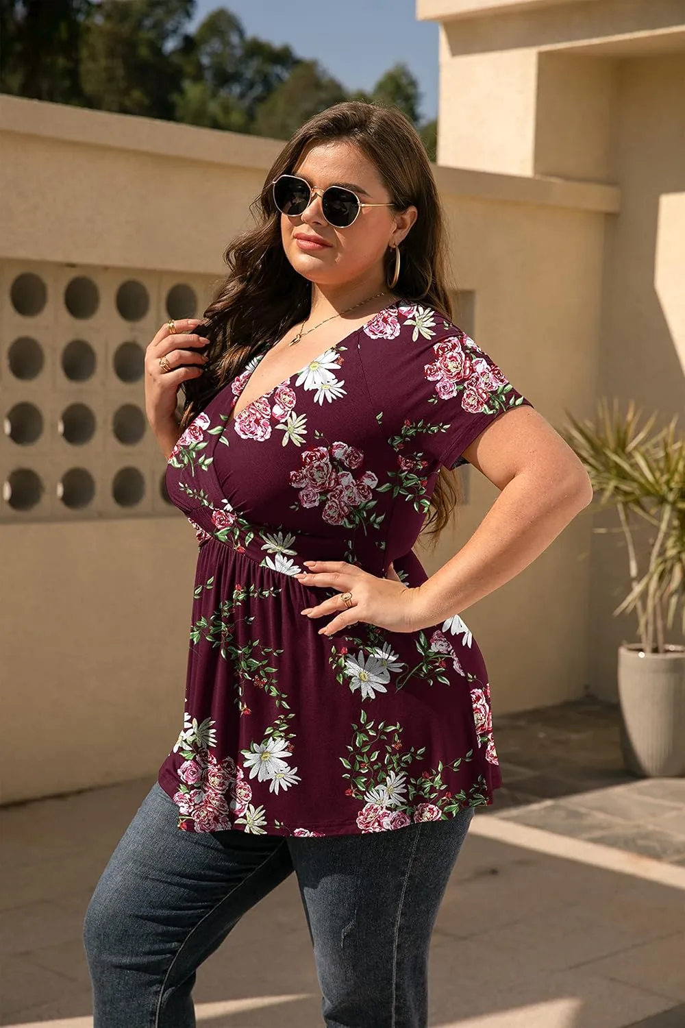 TIANZHU Women's Plus Size Dressy Tops Wrap Shirt Short Sleeve Tunic Top V Neck Low Cut Cute Blouse