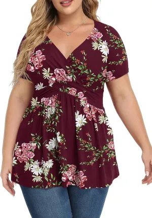 TIANZHU Women's Plus Size Dressy Tops Wrap Shirt Short Sleeve Tunic Top V Neck Low Cut Cute Blouse