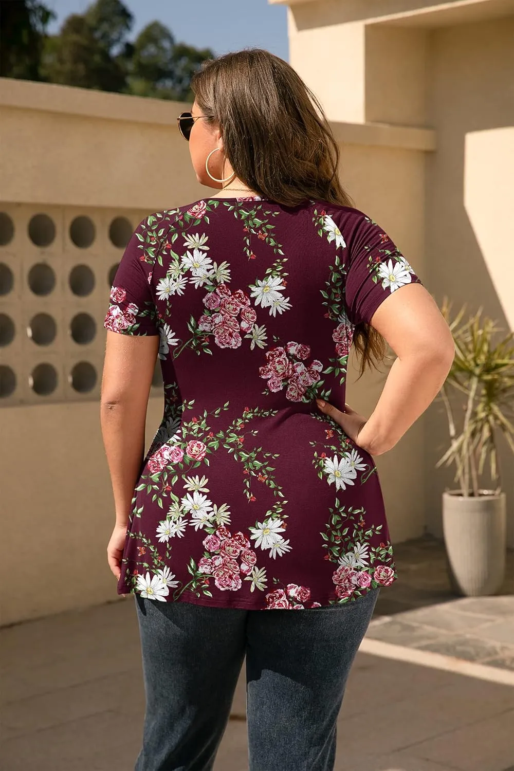TIANZHU Women's Plus Size Dressy Tops Wrap Shirt Short Sleeve Tunic Top V Neck Low Cut Cute Blouse