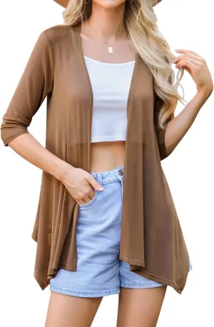 Totatuit Women's 3/4 Sleeve Sheer Cardigan Open Front Lightweight Kimono Casual Loose Beach Cover Up