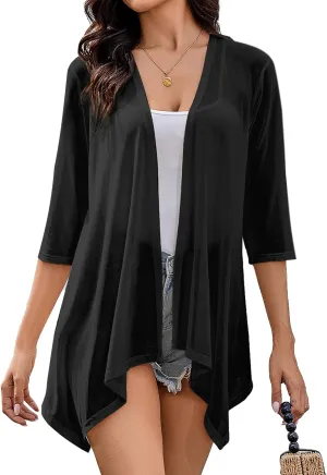 Totatuit Women's 3/4 Sleeve Sheer Cardigan Open Front Lightweight Kimono Casual Loose Beach Cover Up