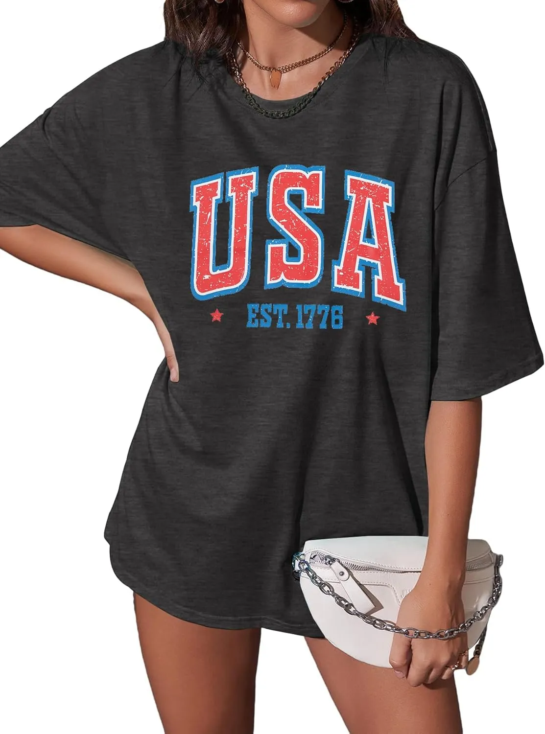 USA Shirt American Flag Shirt : Women Oversize 4th of July Shirts Patriotic T-Shirt Memorial Day Short Sleeve Tops