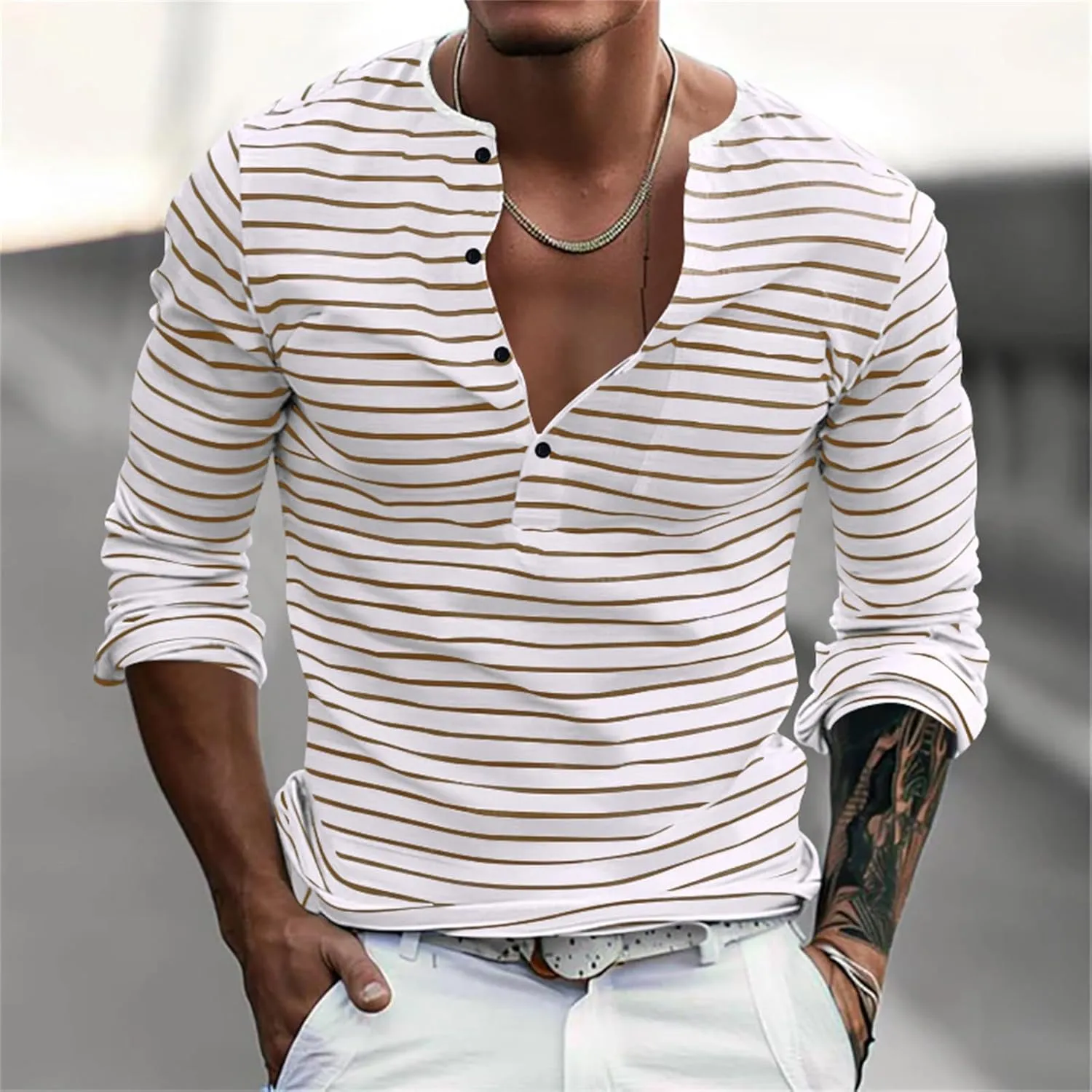 V Neck T Shirts Men Cotton Striped Slim Fit Henley Summer Deep Vneck Shirt Long Sleeve Workout Button Down Causal Top