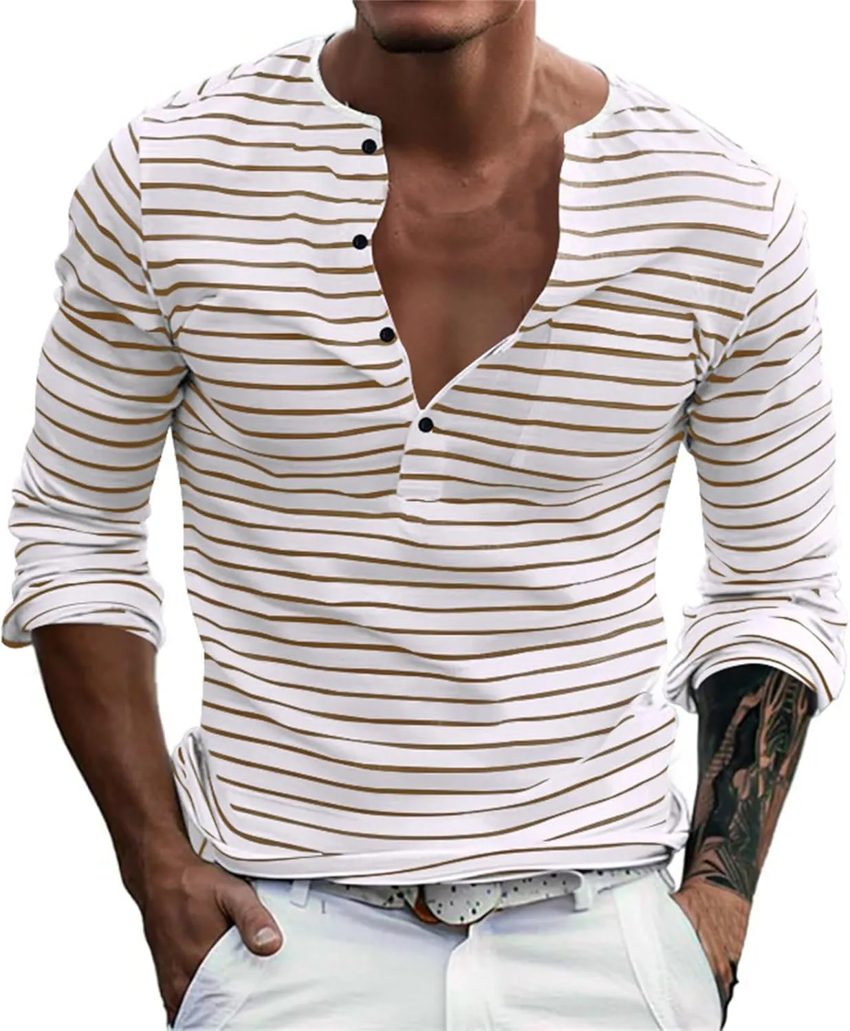V Neck T Shirts Men Cotton Striped Slim Fit Henley Summer Deep Vneck Shirt Long Sleeve Workout Button Down Causal Top