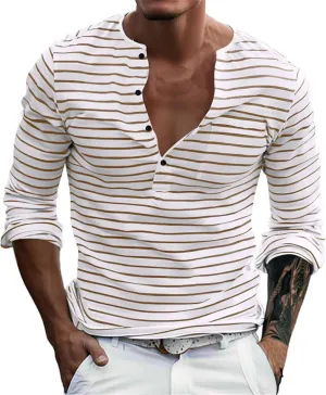 V Neck T Shirts Men Cotton Striped Slim Fit Henley Summer Deep Vneck Shirt Long Sleeve Workout Button Down Causal Top