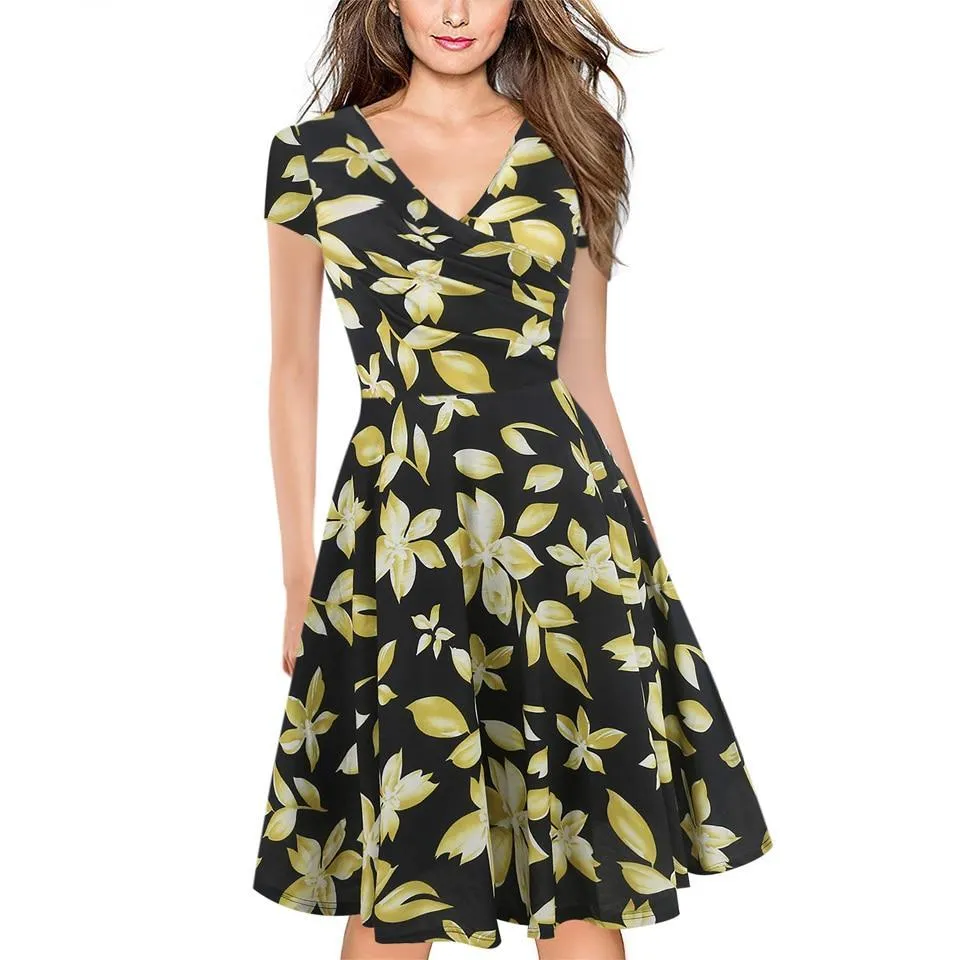 VenusFox Floral Print Short Sleeve Knee Length Dress