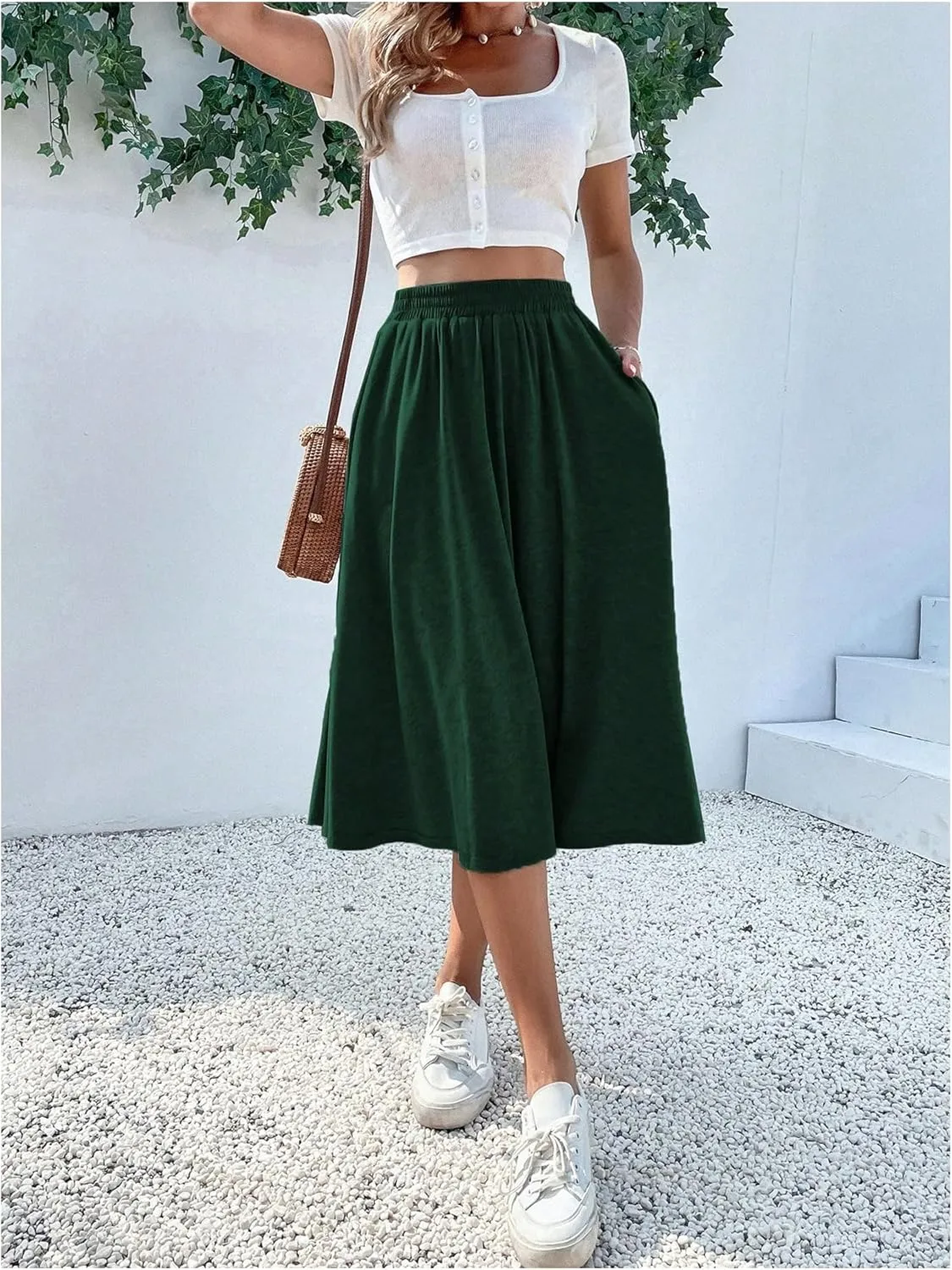 Verdusa Women's Elastic Waist Pocket Side A Line Midi Swing Flared Skirt