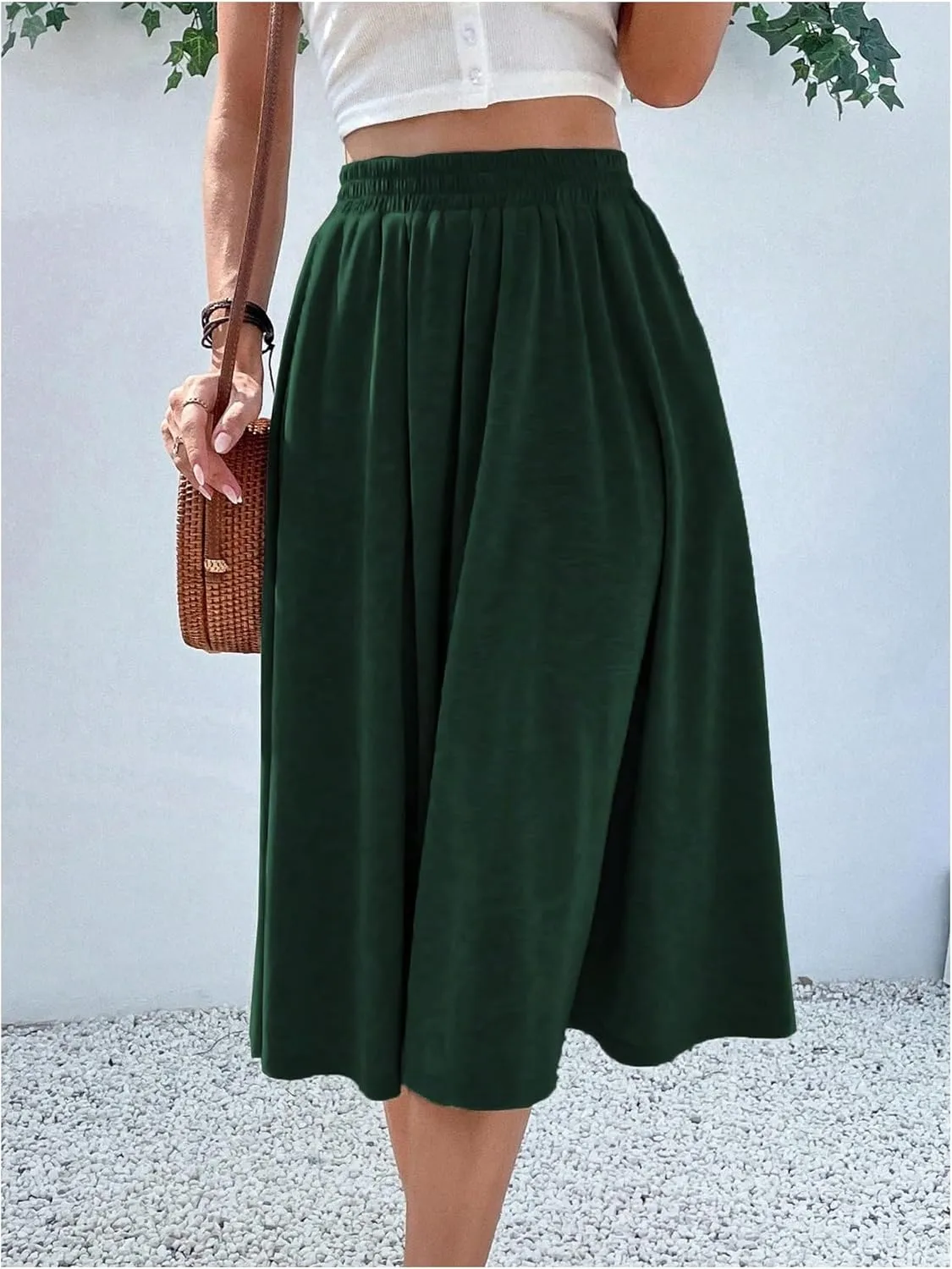 Verdusa Women's Elastic Waist Pocket Side A Line Midi Swing Flared Skirt