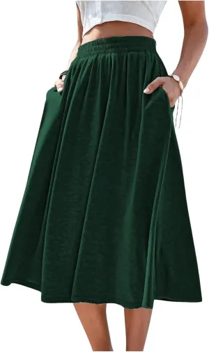 Verdusa Women's Elastic Waist Pocket Side A Line Midi Swing Flared Skirt