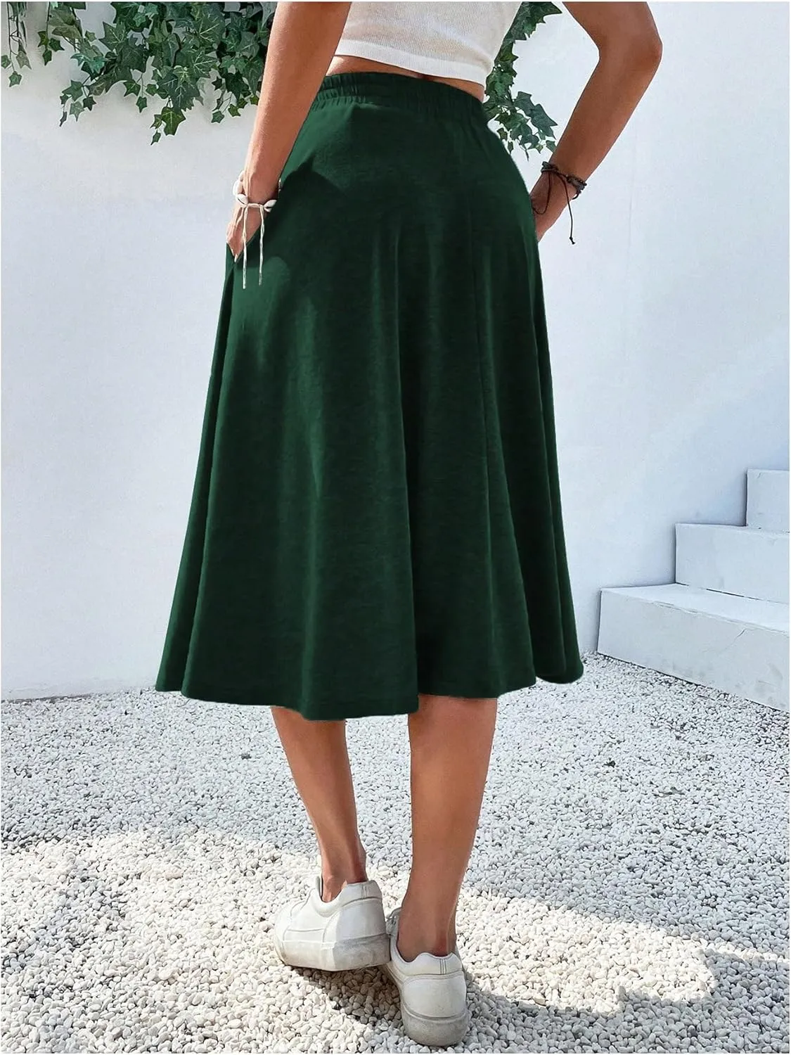Verdusa Women's Elastic Waist Pocket Side A Line Midi Swing Flared Skirt