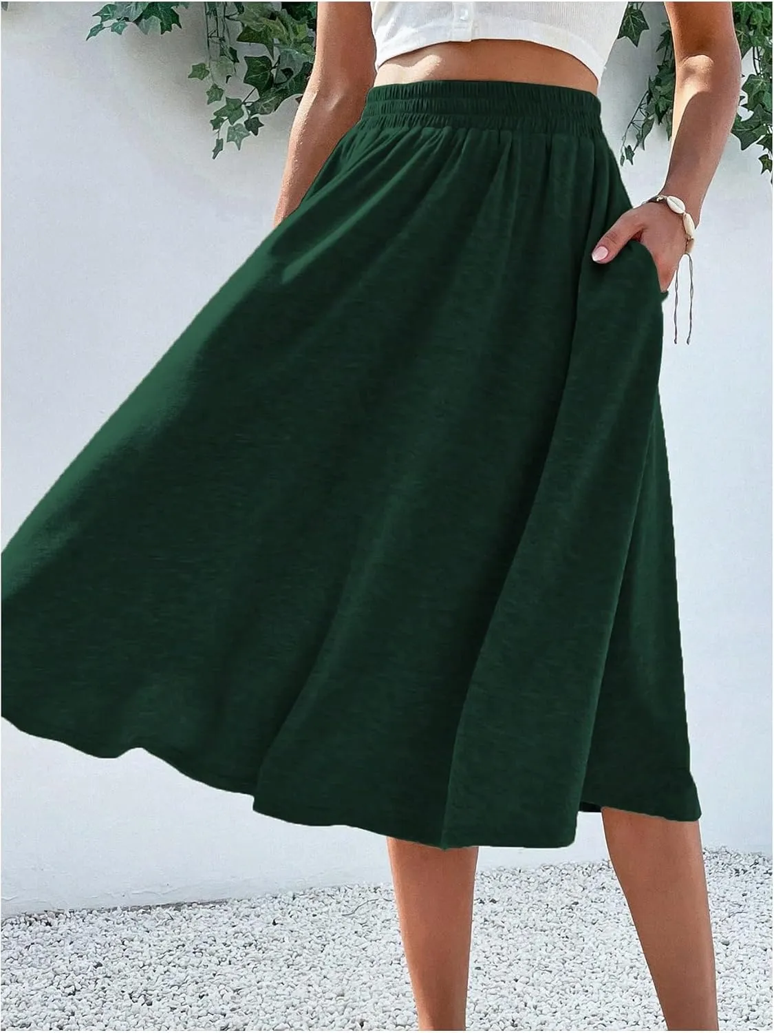 Verdusa Women's Elastic Waist Pocket Side A Line Midi Swing Flared Skirt