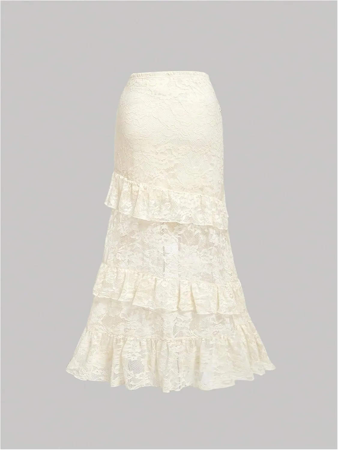 Verdusa Women's Lace Long Skirts High Waist Layered Ruffle Hem A Line Skirt