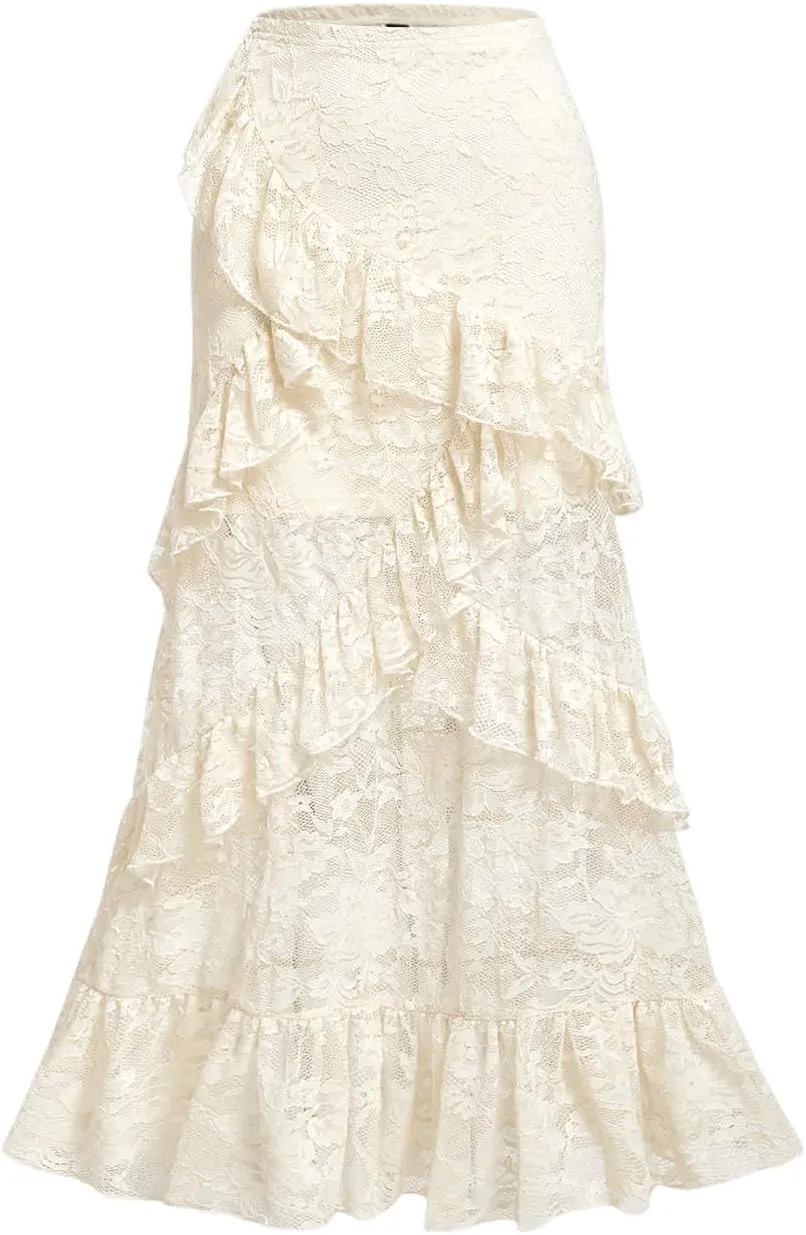 Verdusa Women's Lace Long Skirts High Waist Layered Ruffle Hem A Line Skirt