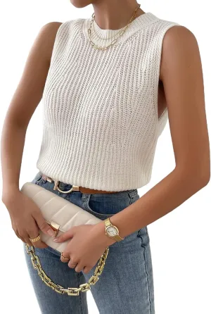 Verdusa Women's Slit Hem Sleeveless Round Neck Knitted Sweater Vest Tank Top